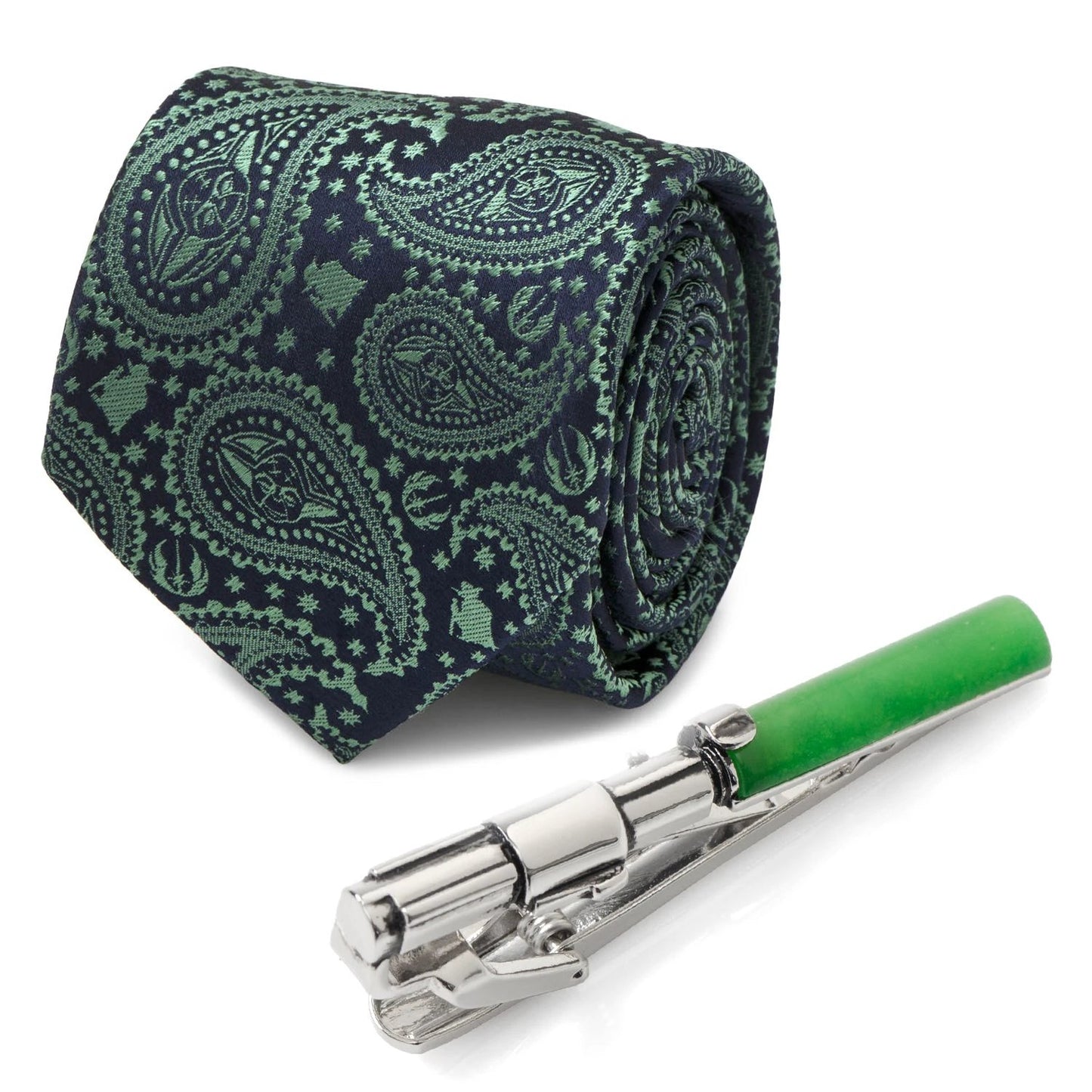 Star Wars Yoda Green and Blue Paisley Tie and LIGHTSABER Tie Clip Gift Set by Cufflinks.com