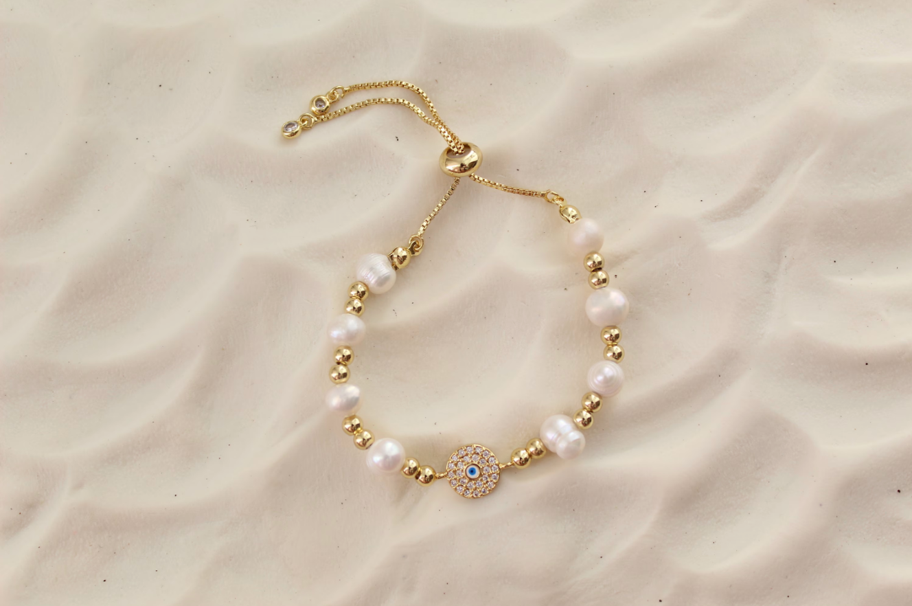 Evil Eye Pearl Beaded Bracelet Set Adjustable Evil Eye Bracelet
