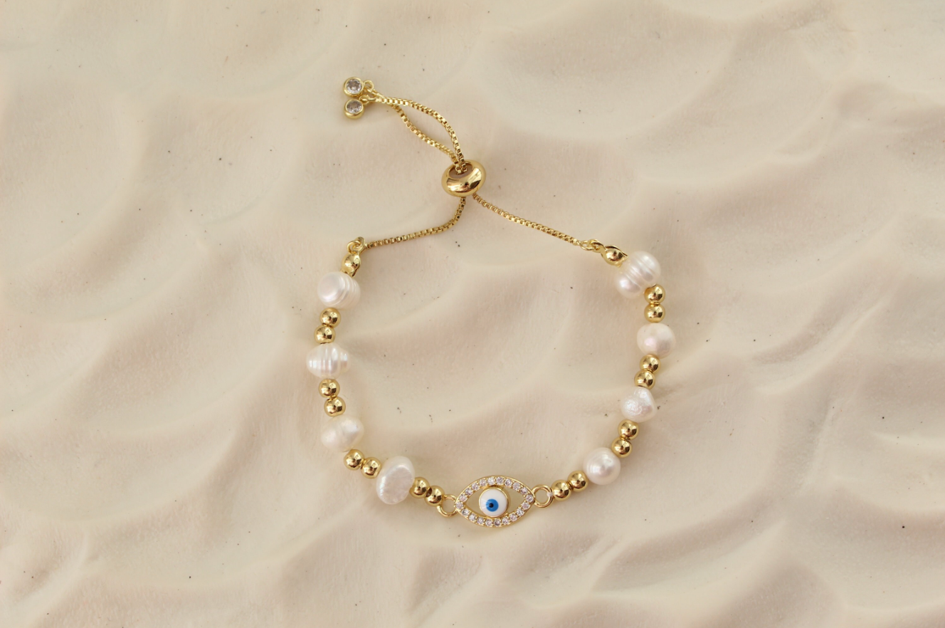 Evil Eye Pearl Beaded Bracelet Set Adjustable Evil Eye Bracelet