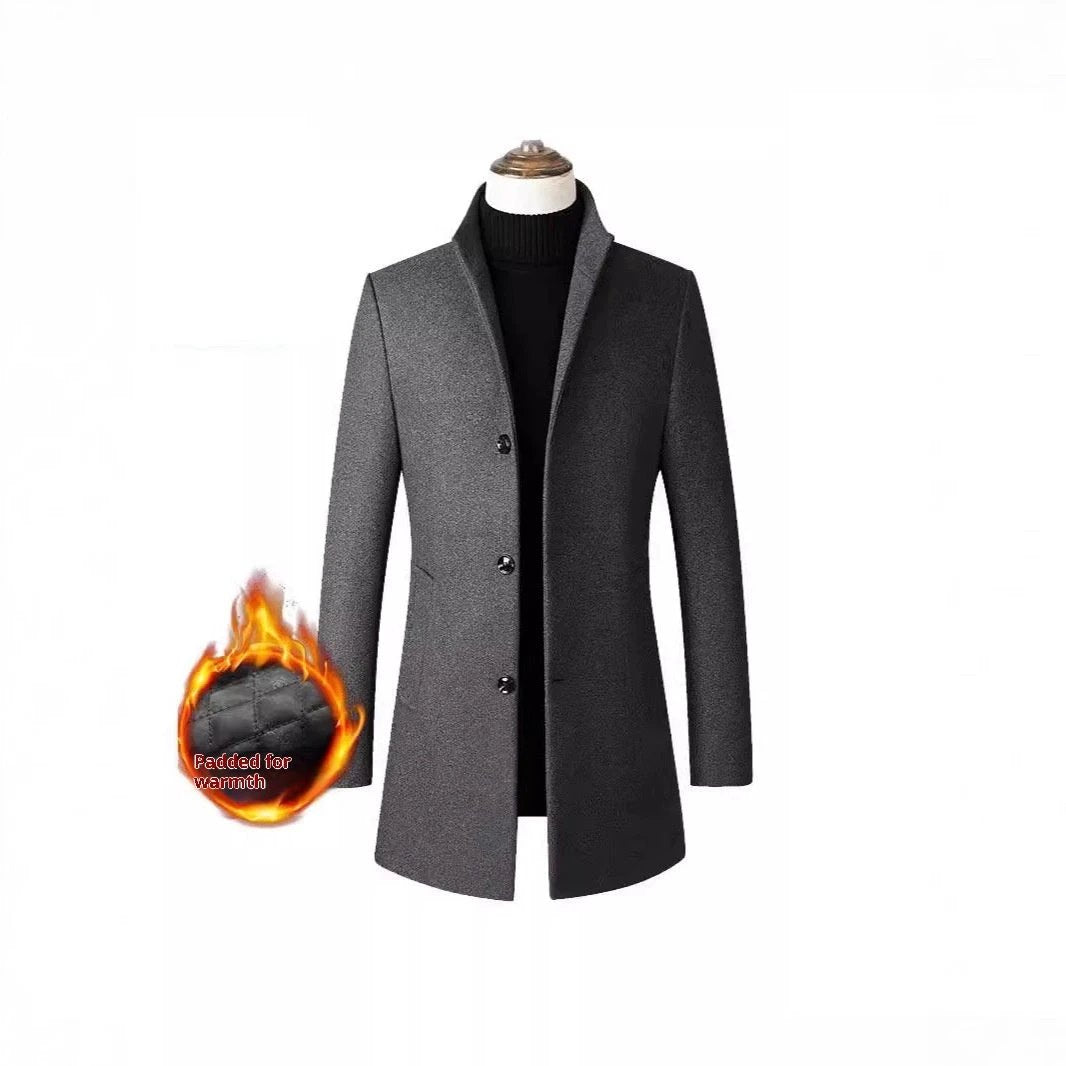 Single-breasted Stand Collar Cotton Padded Men's Woolen Trench Coat by GJG Denim