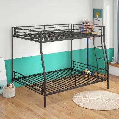 Heavy Duty Metal Bunk Bed Full Over Queen Bunk Bed Frame, Noise Free Frames, No Boxing Spring Needed by GJG Denim