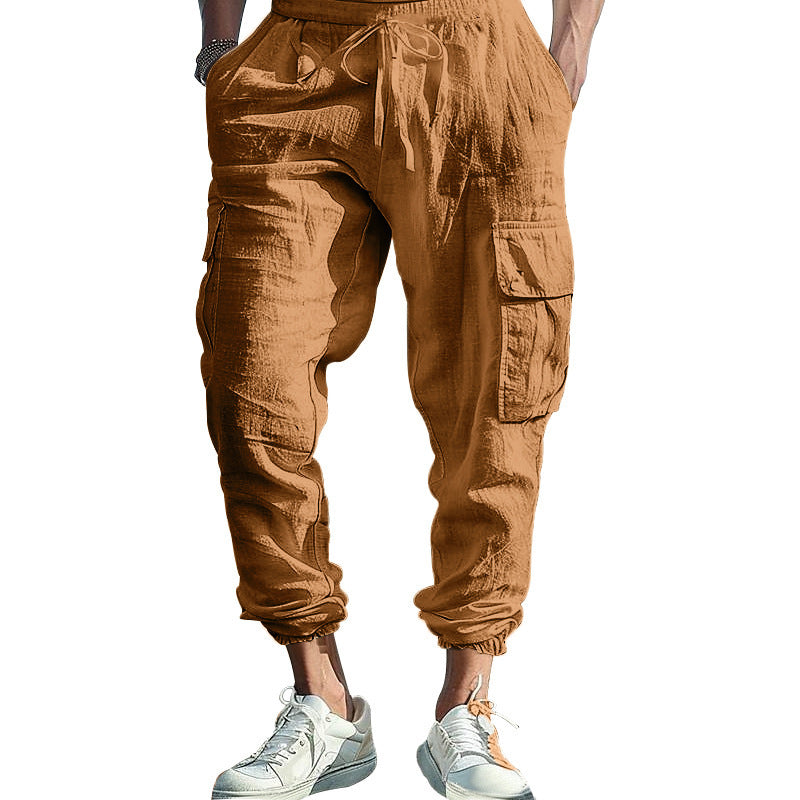 Men's Casual Ankle-tied Multi-pocket Tether Solid Color Loose Pants