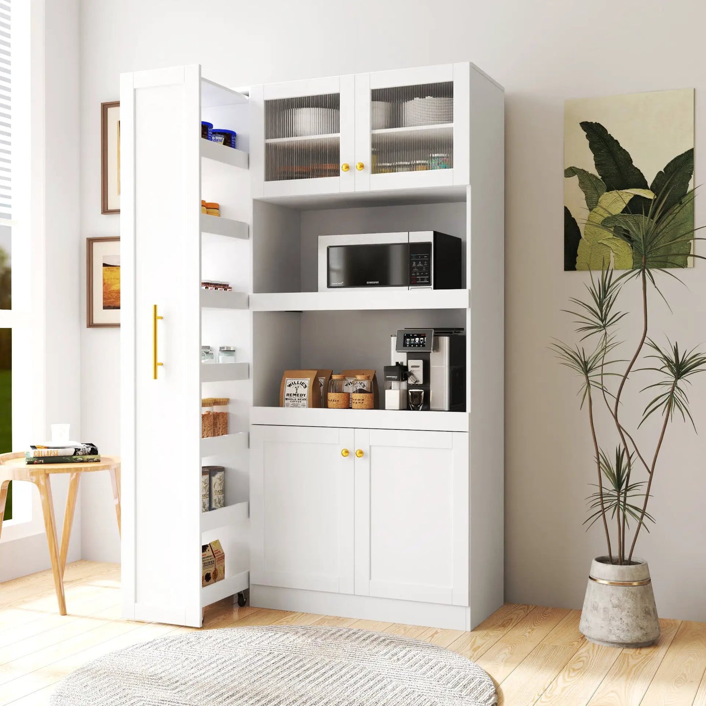 Kitchen Pantry Cabinet With Multi-functional Pull-out Multi-tier Storage Shelf,Farmhouse Storage Cabinet With 4 Doors,Pantry Organizers For Kitchen,Dining Room White by GJG Denim