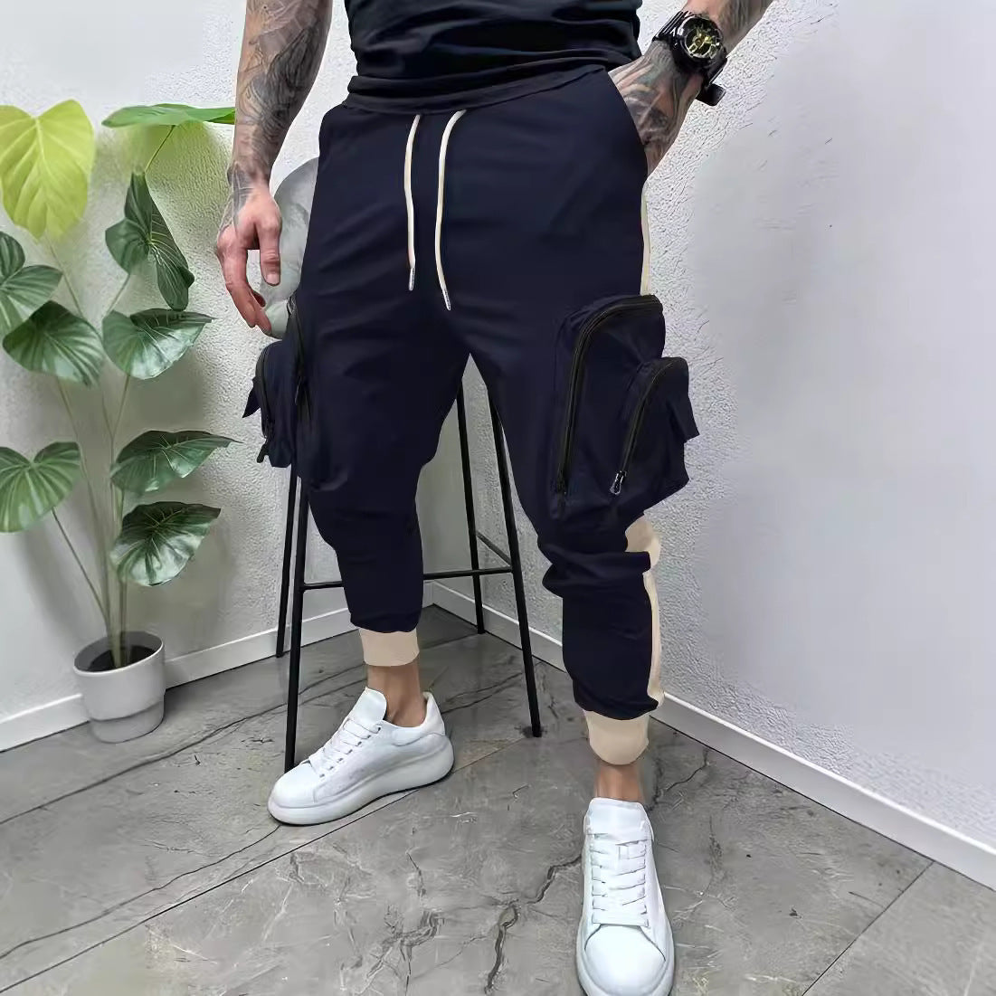 Casual Zipper Multi-pocket Color Matching Tapered Pants For Men
