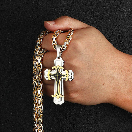 Christian Trinity Latin Cross Necklace For Men Stainless Steel Three Layers
