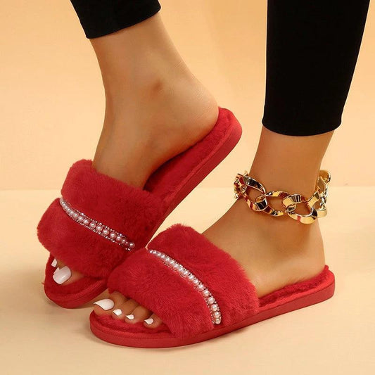 Fashion Solid Color Plush Slippers With Pearl Flat House Slippers Outdoor Indoor Shoes by GJG Denim