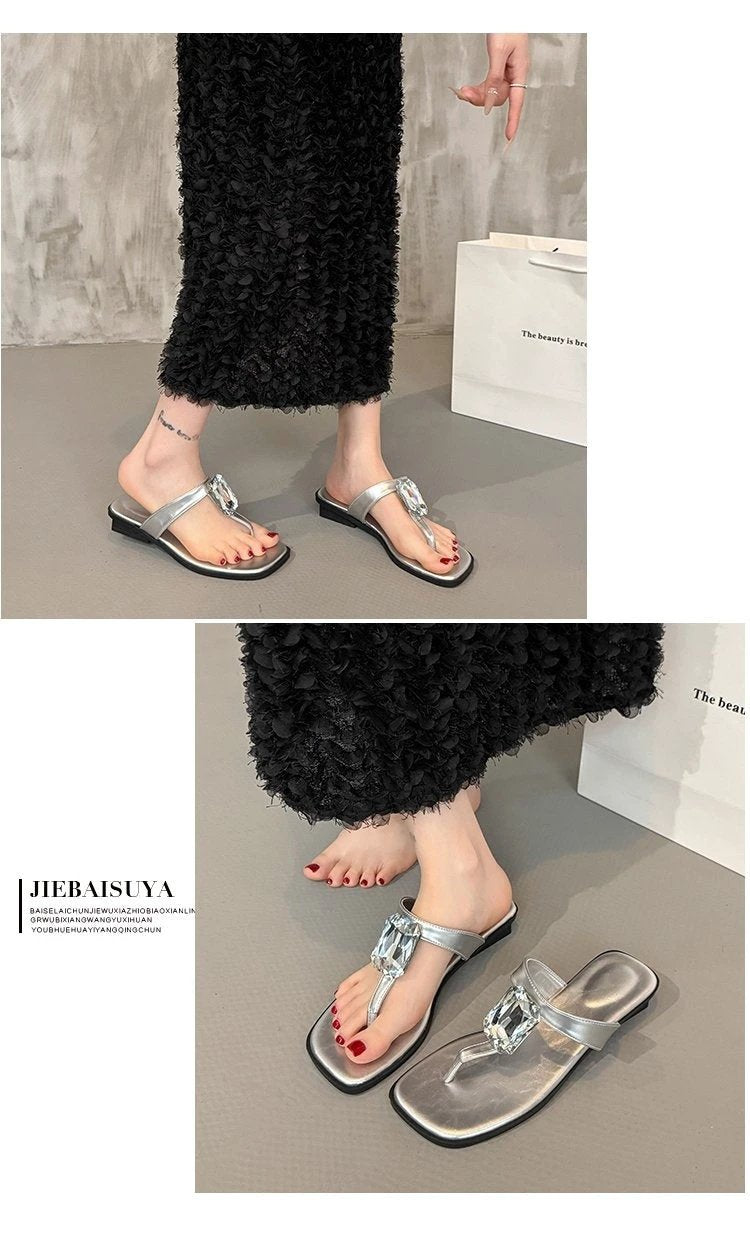 Oversized Crystal, Square Toe, Thong Sandals, French Glam, Low Block Heel, Slides by GJG Denim