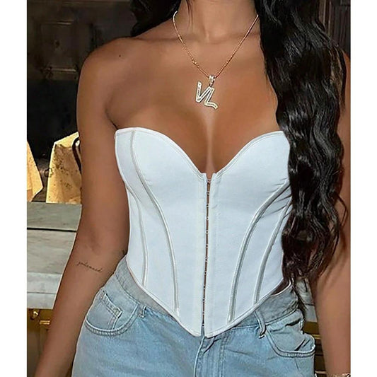 Overbust Corset Tops For Women Lace Up Strapless Boned Bustier Lingerie Bodyshaper Top by GJG Denim
