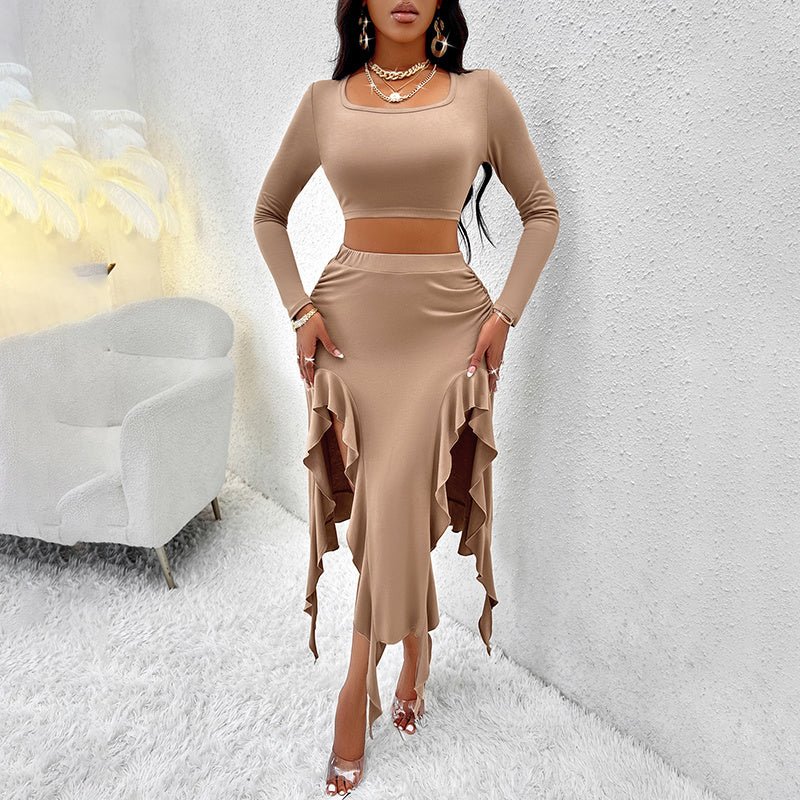 Women's Long Sleeve Round Neck Pleated Dress Suit - Solid Color Elegant Ruffle Outfit