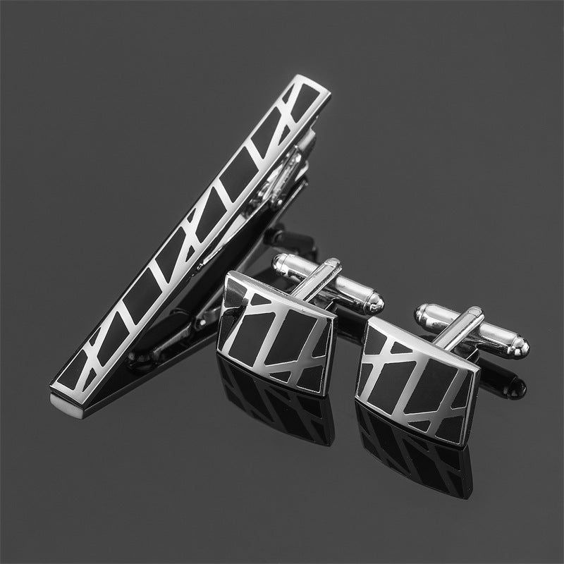 Gold Silver Black Square Brushed Tie Clip And Cufflinks