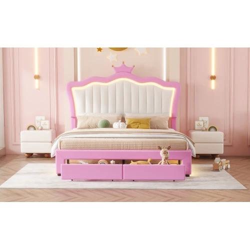 Full Size Upholstered Bed Frame With LED Lights, Modern Upholstered Princess Bed With Crown Headboard, 2 Drawers by GJG Denim