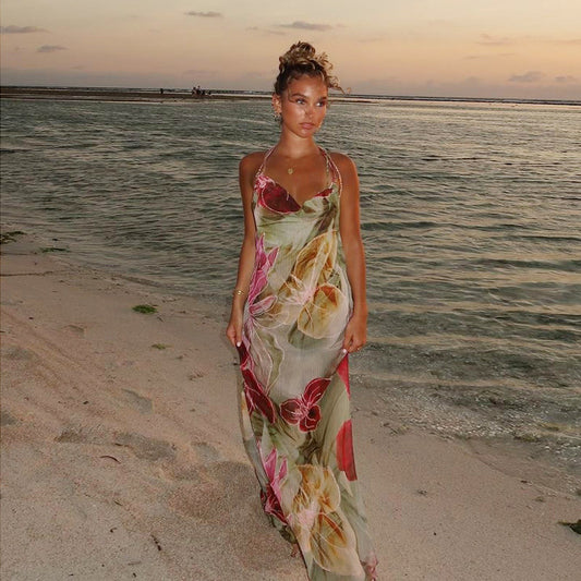See-through Print Holiday Dress Ladies