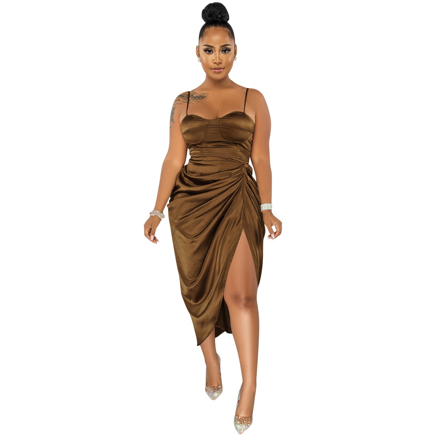 Fashion Solid Color Women's Sling Wrap Chest Ruched Slit Dress