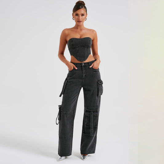 Tube Top And Pocket Stitching Jeans Pants