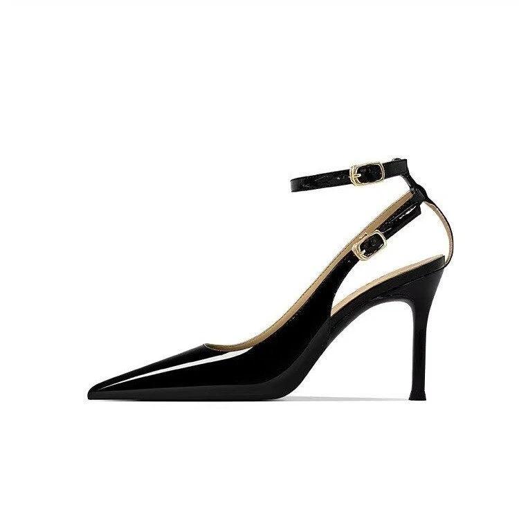 Women's Minimalist European & American Style Pointed Toe Patent Leather Stiletto Sandals, Ankle Strap, Slim Fit, Sexy Nightclub Shoes by GJG Denim