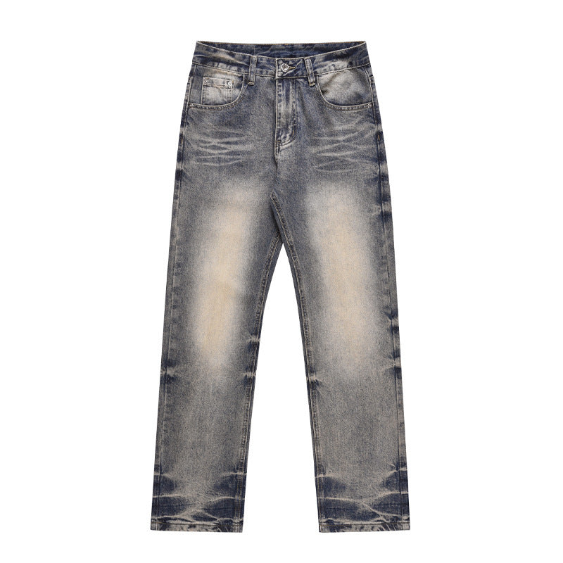 High Street Washed Yellow Mud Dyed Loose Straight Jeans For Men