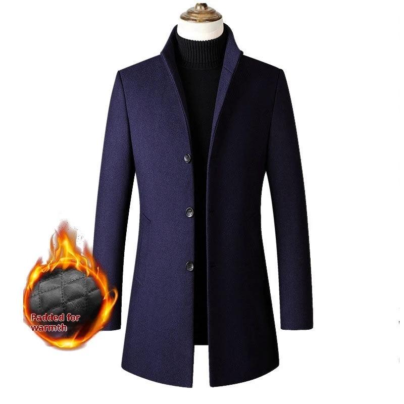 Single-breasted Stand Collar Cotton Padded Men's Woolen Trench Coat by GJG Denim
