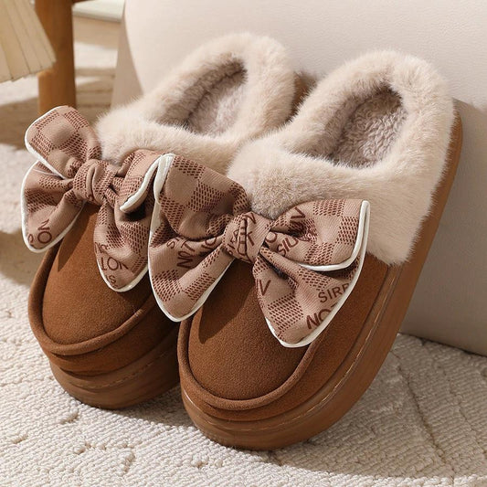 Cute Bowknot Plush Slipper Winter Warm Indoor Floor Bedroom Home Slippers For Women Fashion Thick-soled Solid House Shoes by GJG Denim