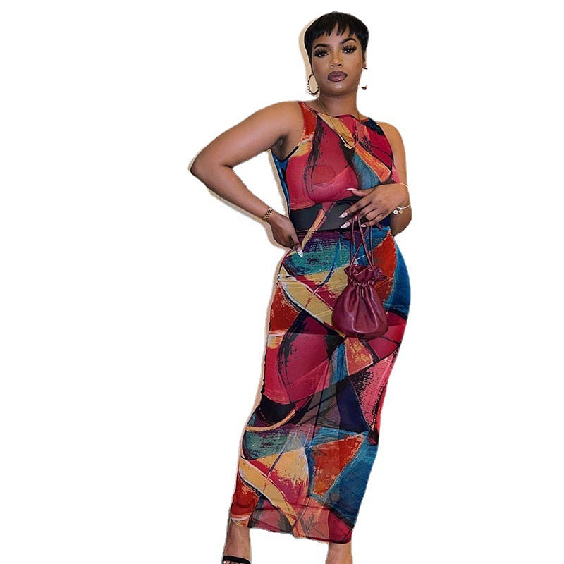 Women's Fashion Printed Sleeveless Hip Wrap Dress