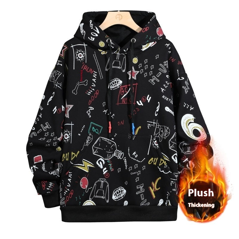 Men's Fleece-lined Graffiti Hooded Sweater