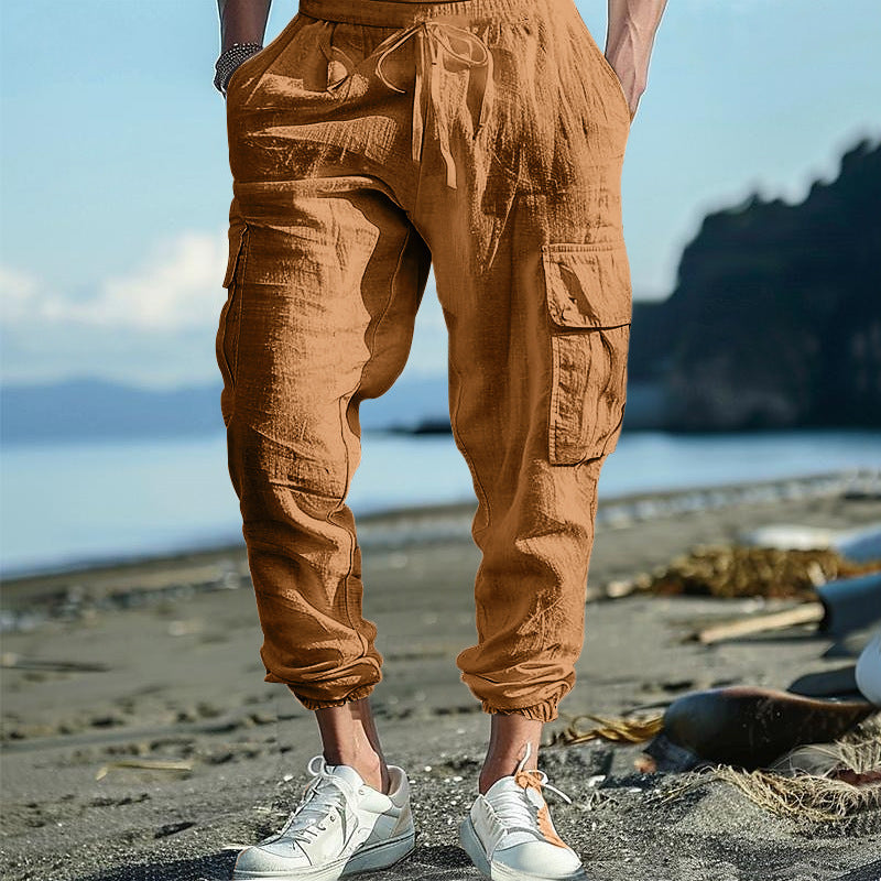 Men's Casual Ankle-tied Multi-pocket Tether Solid Color Loose Pants