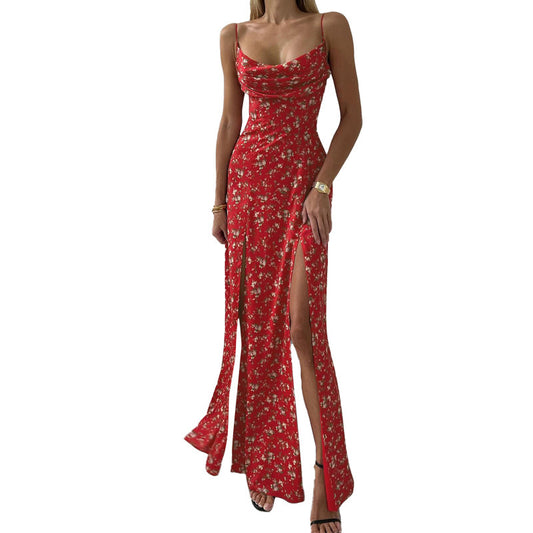 Women's Printed High Waist Slit Off-neck Dress