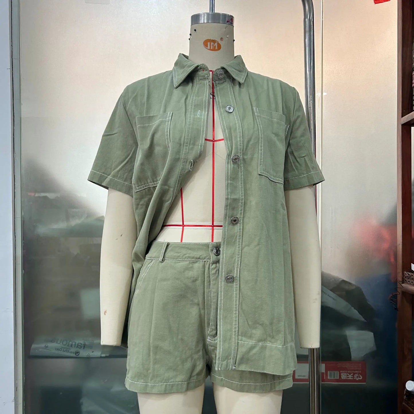 Retro Workwear Long Shirt And Shorts Two-Piece Set by GJG Denim