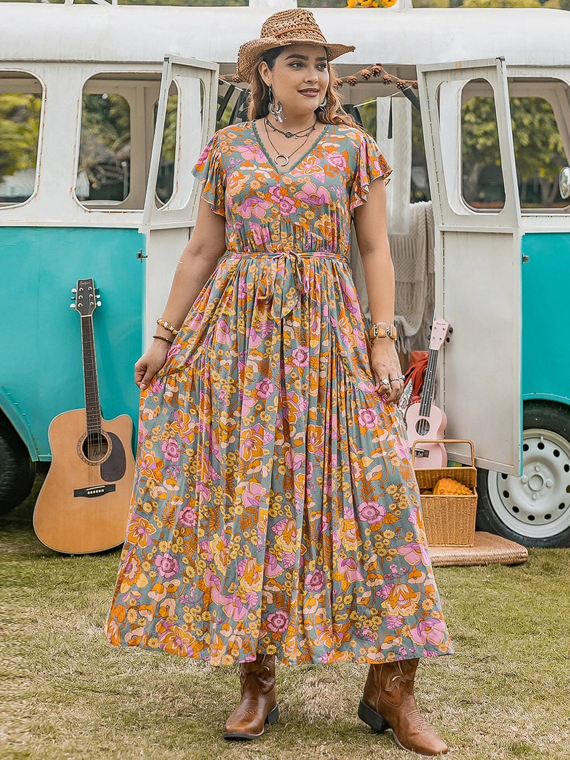 Plus Size Ruffled Printed Cap Sleeve Dress by Lady Ros