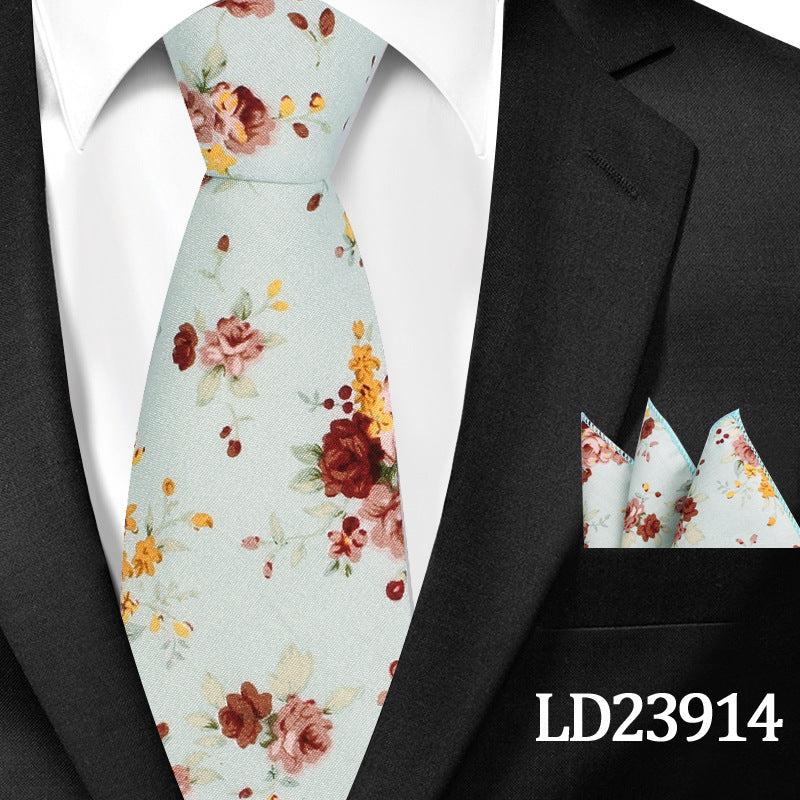 Men's Casual Cotton Floral Print 6cm Tie and Pocket Square