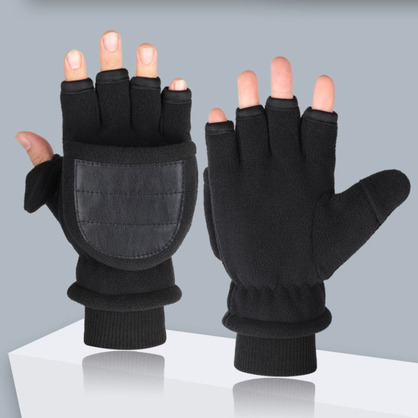Men's Double-layer Velvet Flip Touch Screen Half Finger Gloves