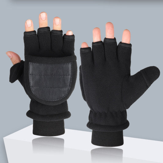 Men's Double-layer Velvet Flip Touch Screen Half Finger Gloves