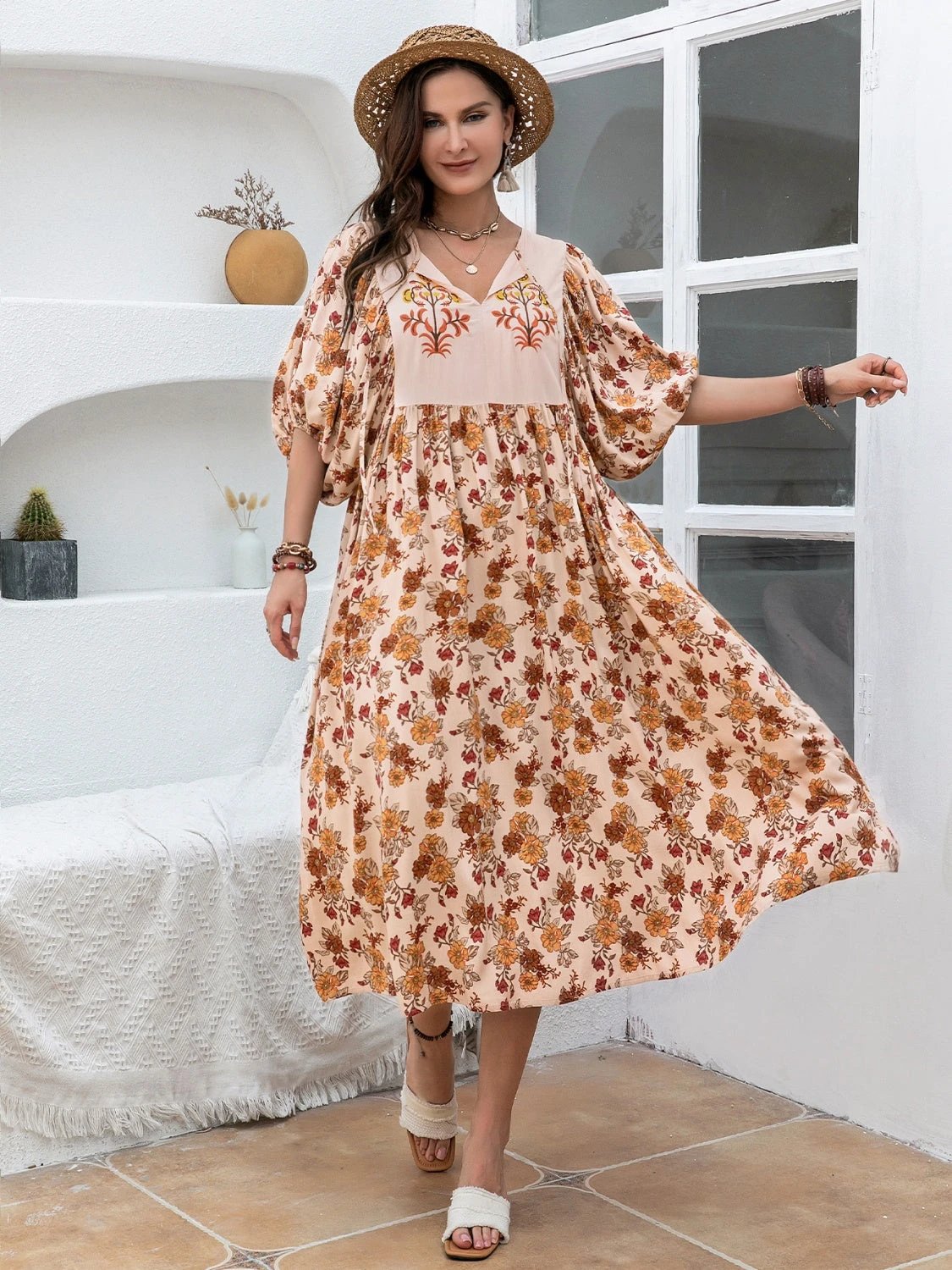 Back-to-School Plus Size Printed Tie-Neck Midi Dress by Lady Ros