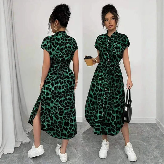 Leopard Print Front Button Shirt Belt Bow Shirt For Women