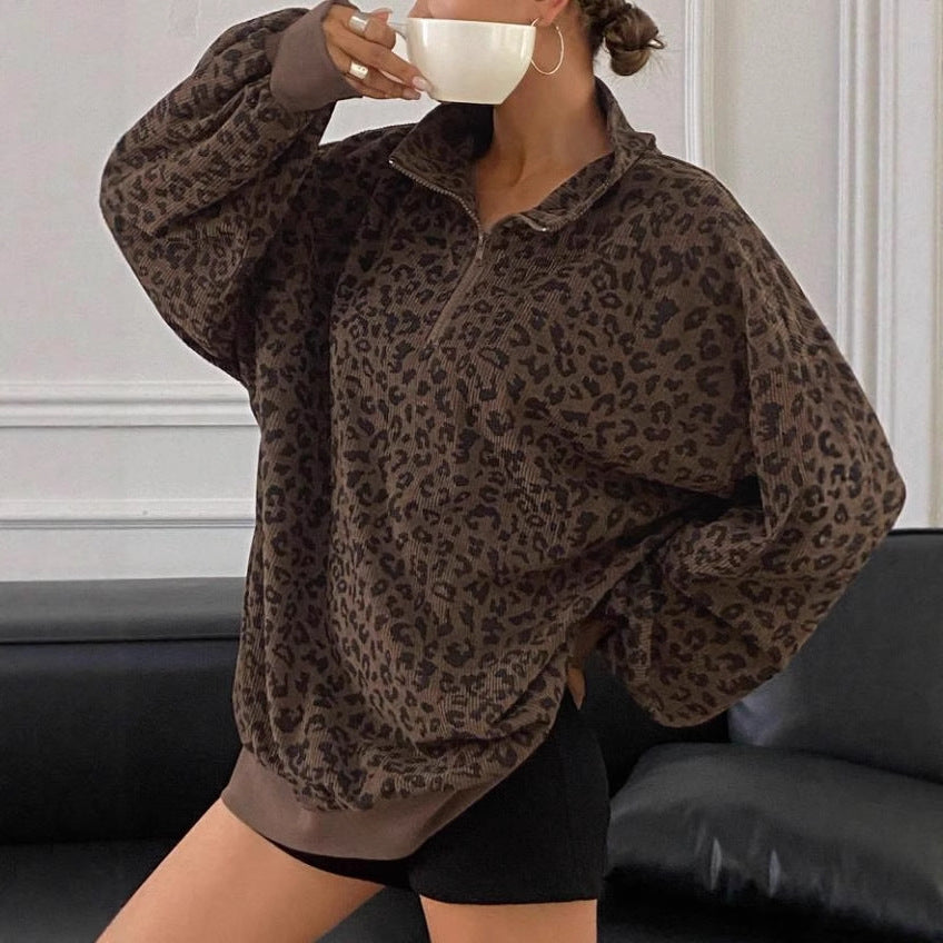 Casual Leopard Print Pattern Corduroy Zipper Sweater