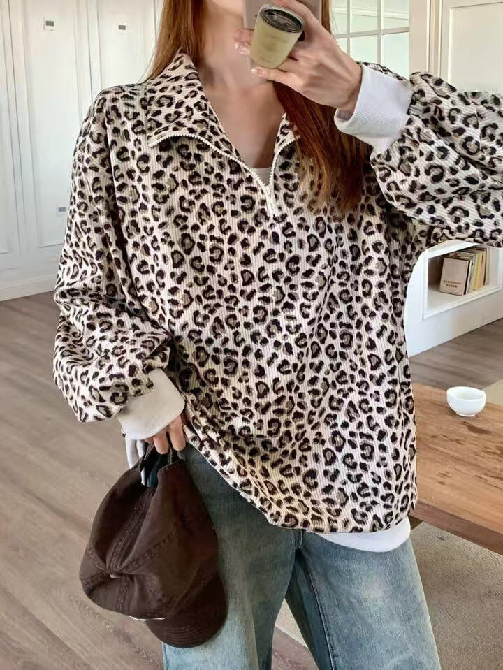 Casual Leopard Print Pattern Corduroy Zipper Sweater