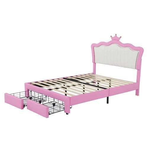 Full Size Upholstered Bed Frame With LED Lights, Modern Upholstered Princess Bed With Crown Headboard, 2 Drawers by GJG Denim