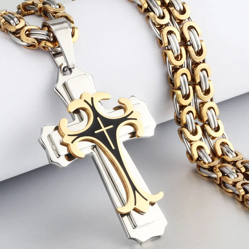 Christian Trinity Latin Cross Necklace For Men Stainless Steel Three Layers