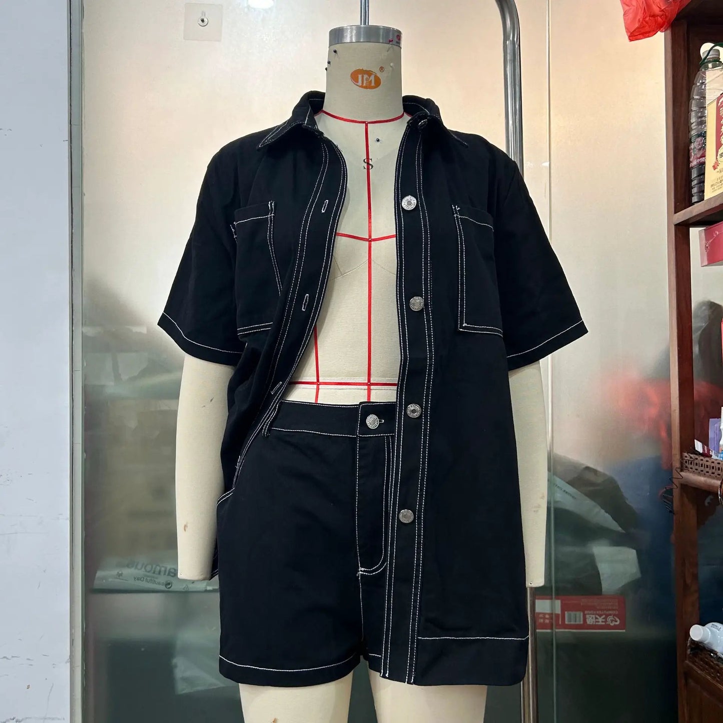 Retro Workwear Long Shirt And Shorts Two-Piece Set by GJG Denim