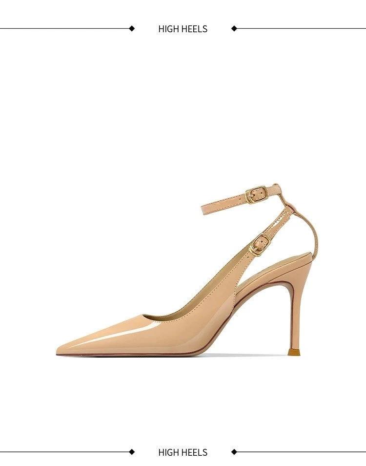Women's Minimalist European & American Style Pointed Toe Patent Leather Stiletto Sandals, Ankle Strap, Slim Fit, Sexy Nightclub Shoes by GJG Denim