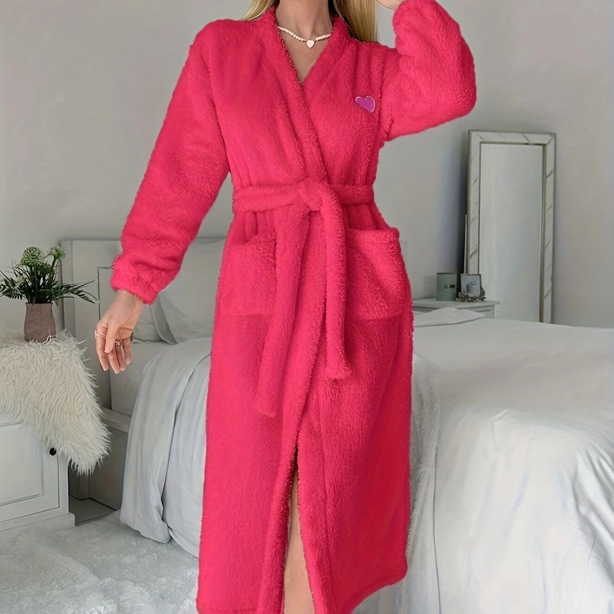 Thickened Long Section Lace-up Love Embroidered Warm Women's Robe