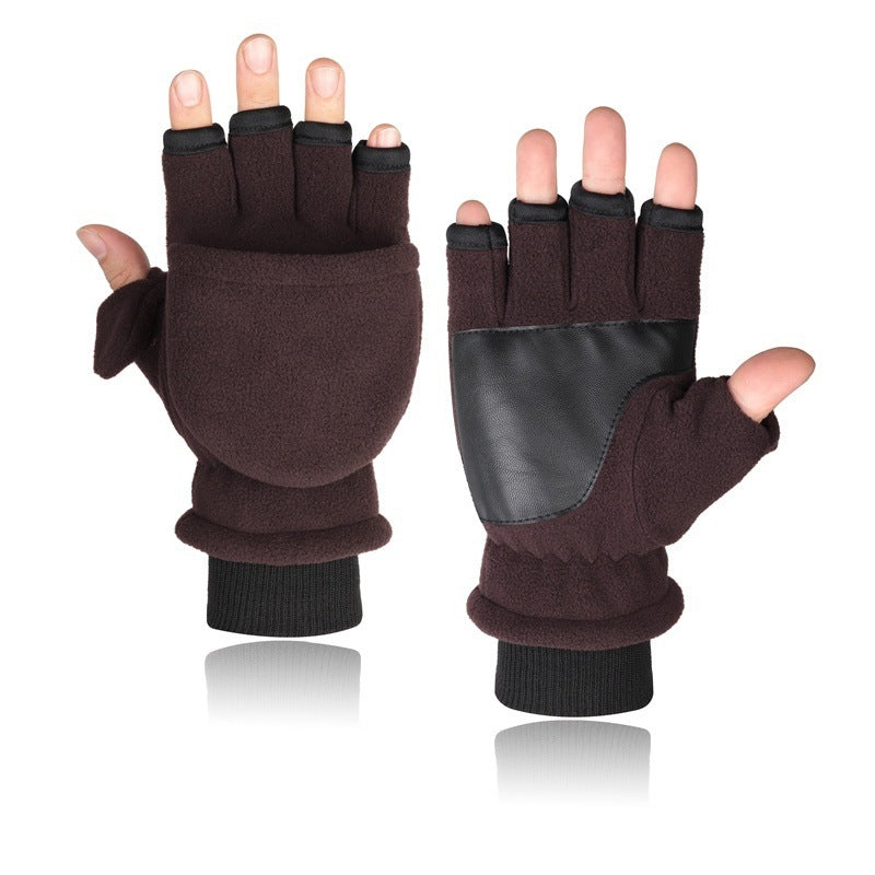 Men's Double-layer Velvet Flip Touch Screen Half Finger Gloves