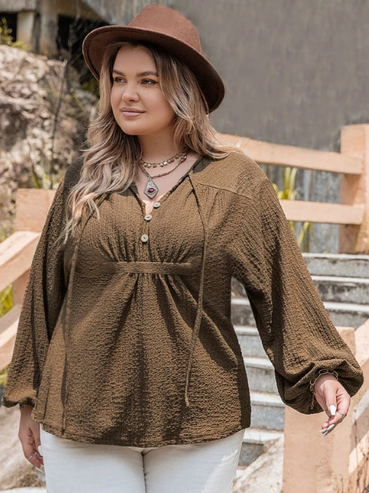 Plus Size Tie Neck Long Sleeve Blouse by Lady Ros