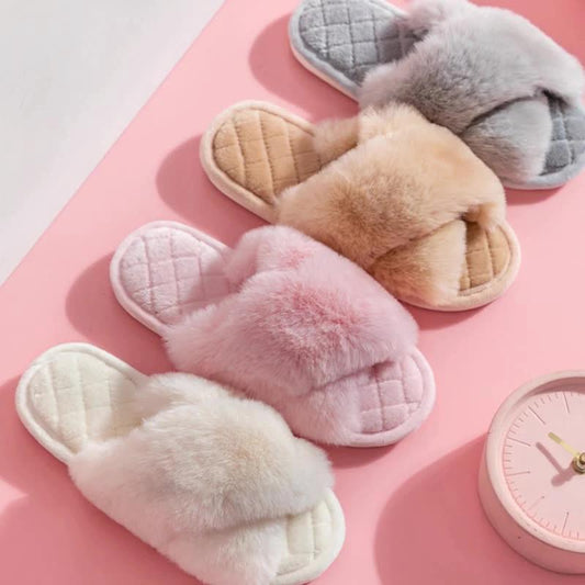Cross-strap Furry Slippers Warm House Shoes For Women Winter Casual Flip Flops Fluffy Shoes Slides Soft Plush Home Indoor Slippers by GJG Denim