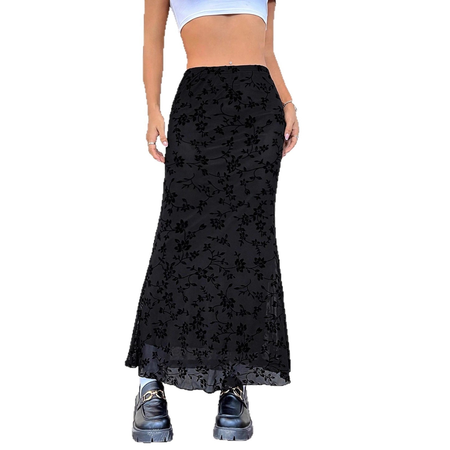 Dark Green Floral Half-length Fishtail Skirt For Women