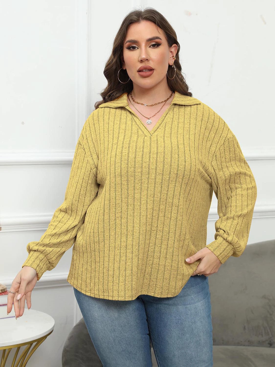 Plus Size Ribbed Collared Neck Long Sleeve Blouse by Lady Ros