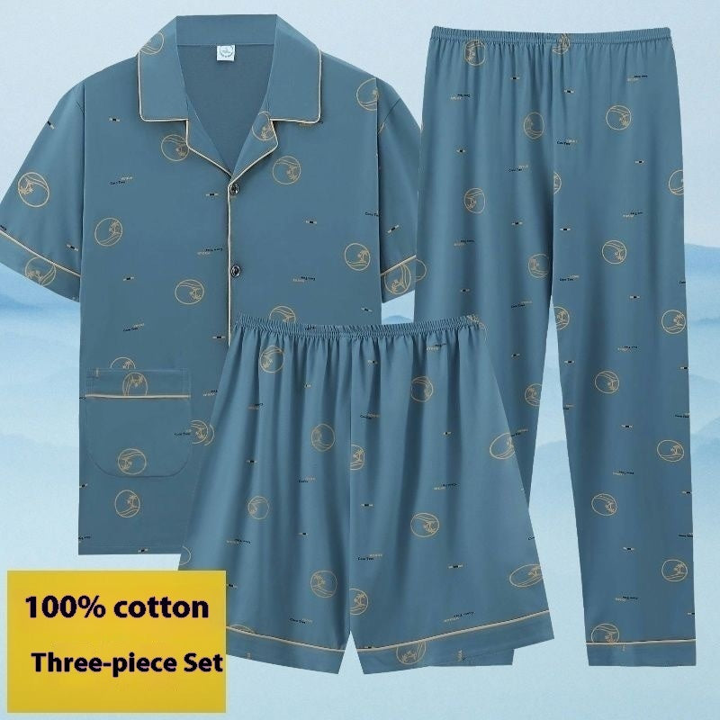 Men's Pajamas Cotton Short Sleeve Trousers Three-piece Set