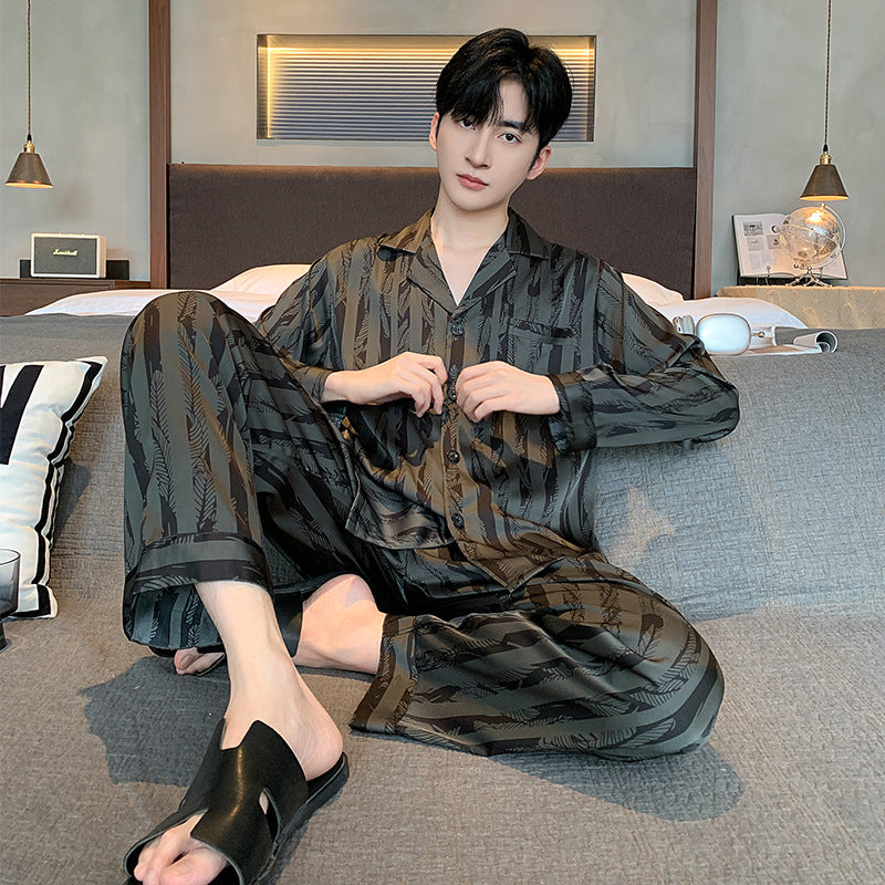 Men's Silk Pajamas V-neck Long Sleeve Two-piece Set
