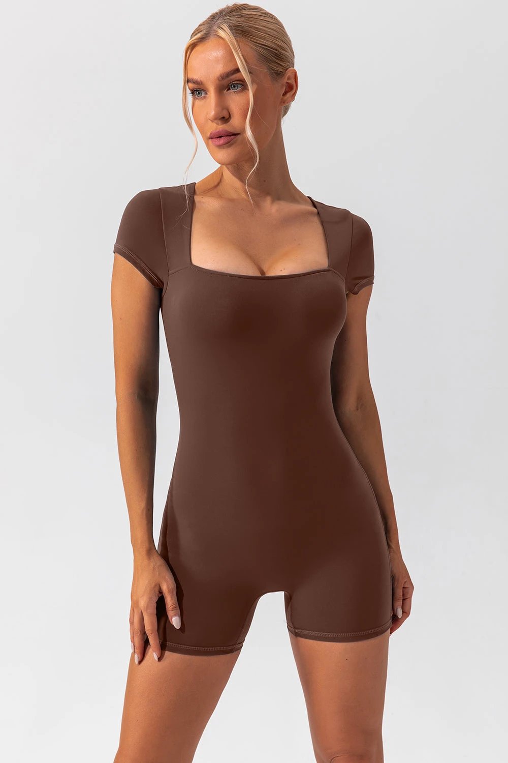 Square Neck Cap Sleeve Active Romper by Lady Ros