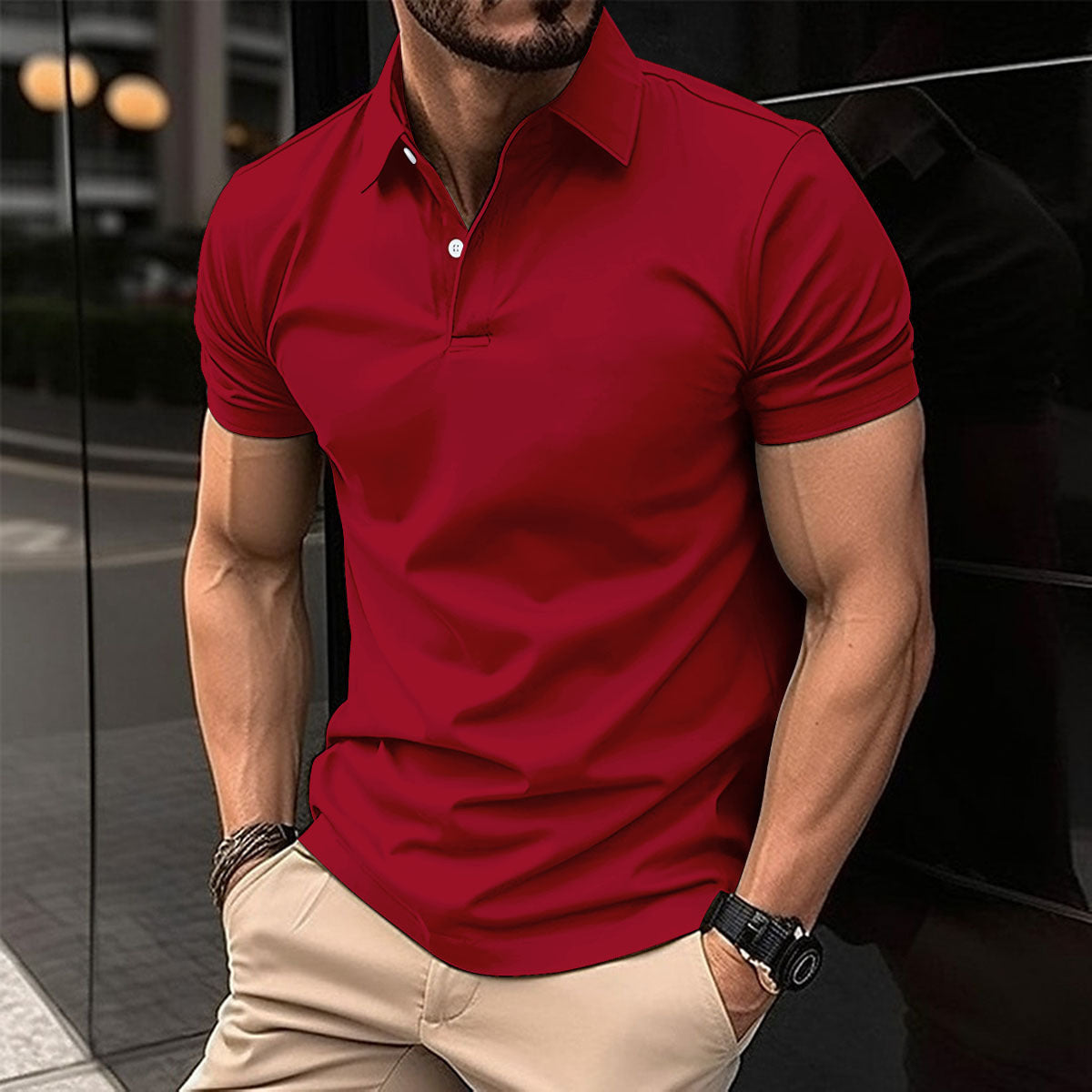 Short Sleeve Polo Shirt Men Solid Color Button Lapel Button Top