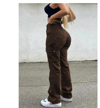 Straight Leg Cargo Pants Women High Waist Casual Baggy Pants by GJG Denim